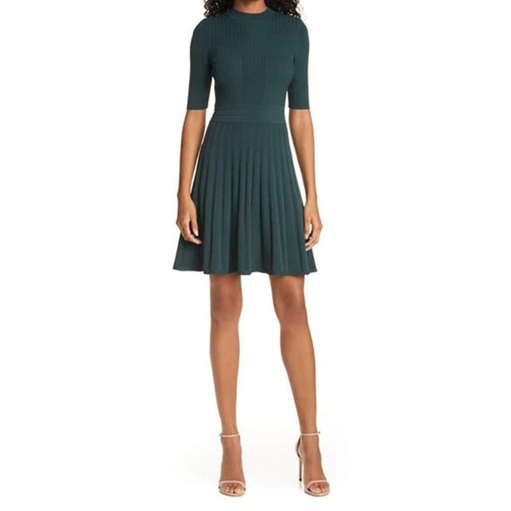 Ted Baker Olivinn Mix Stitch Fit & Flare Skater Sweater Dress Hunter Green sz 1